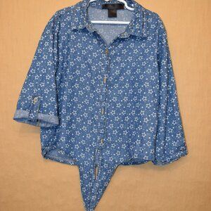 Girl Star Print Denim Button-Up Shirt with Roll-Tab Sleeves & Tie Front